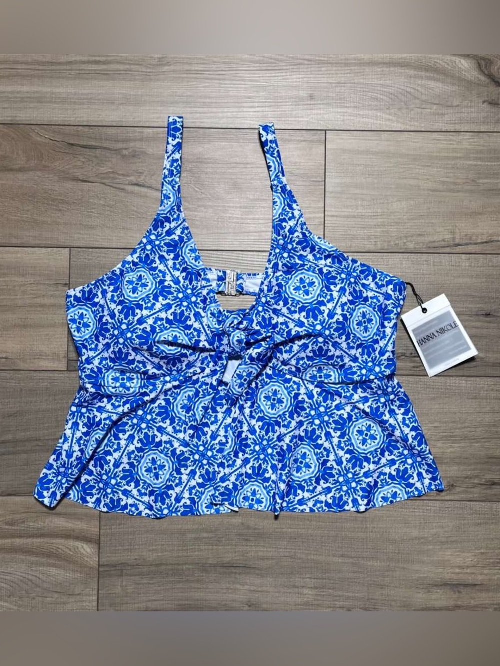 Hanna Nikole Womens Cutout Peplum Mosaic Print Swim Top Size 24W Blue White